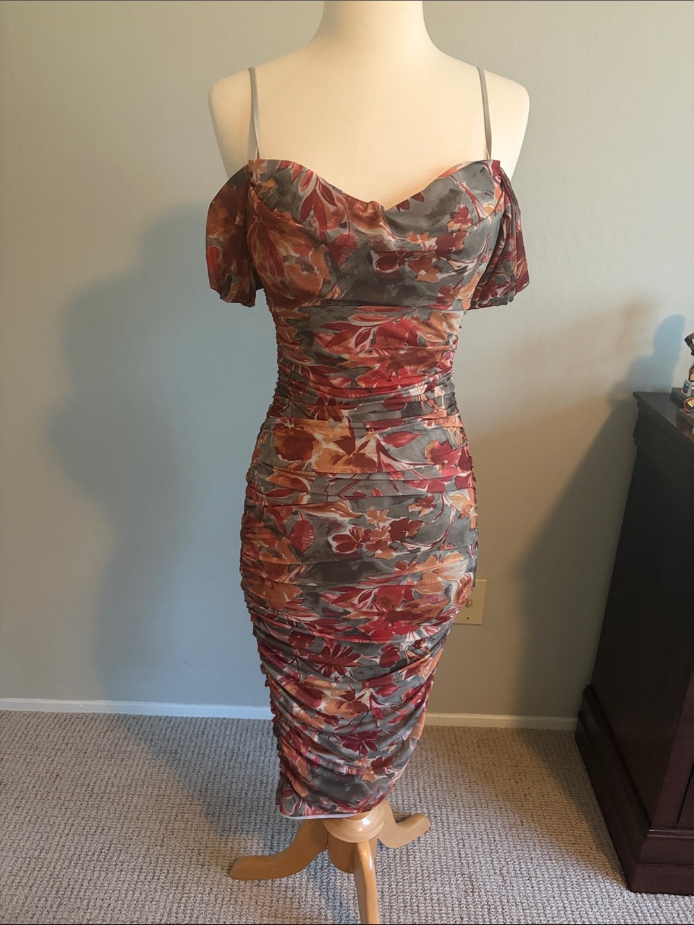 Ruched Floral Midi Dress in Rust and Gray